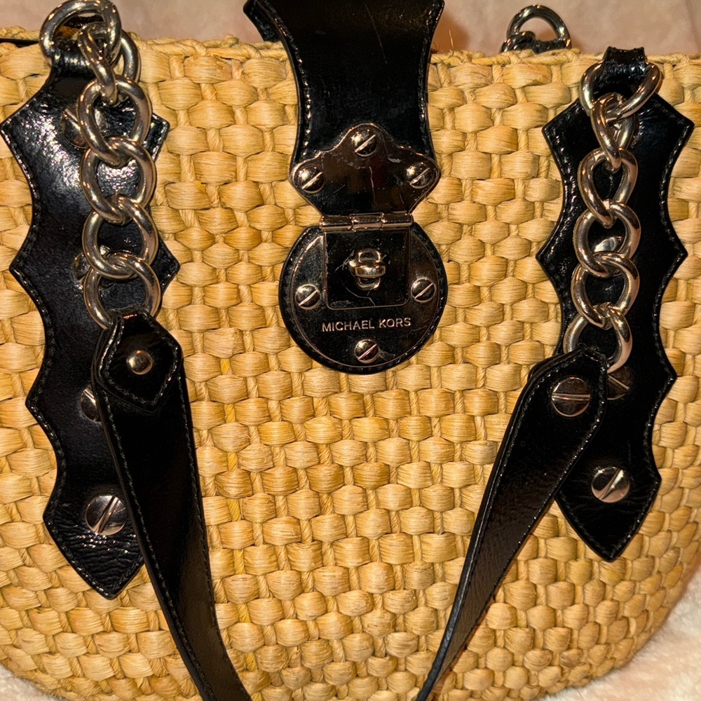 ‼️SOLD‼️Vintage Michael Kors Santorini Raffia Straw Woven Tote Shoulder Bag - Picture 4 of 14